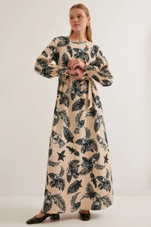 Kadın Antrasit Krem Desenli Örme Tesettür Elbise 1525