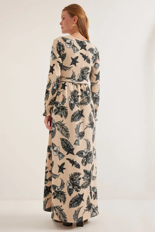 Kadın Antrasit Krem Desenli Örme Tesettür Elbise 1525