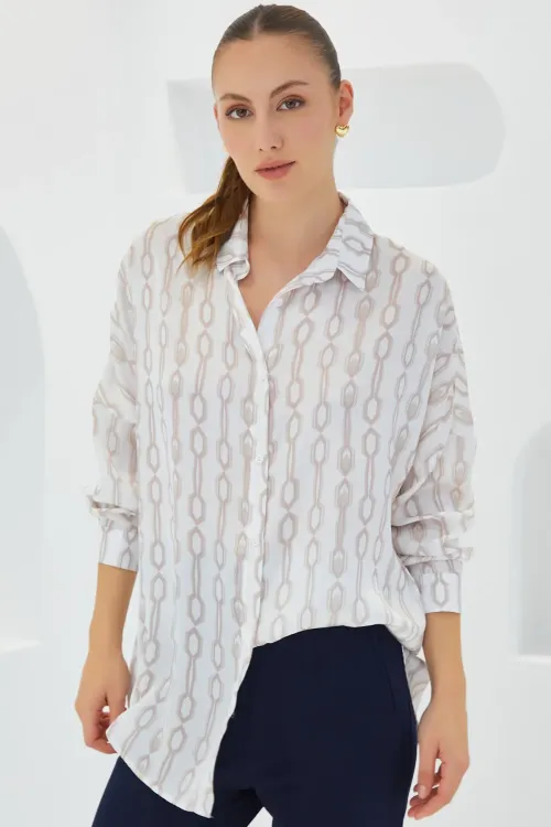 Kadın Bej Beyaz Desenli Oversize Saten Gömlek 3985