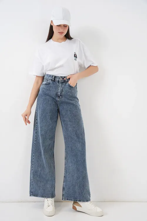 Kadın Bol Paça Yüksek Bel Palazzo Kot Pantolon 6656 - Mavi