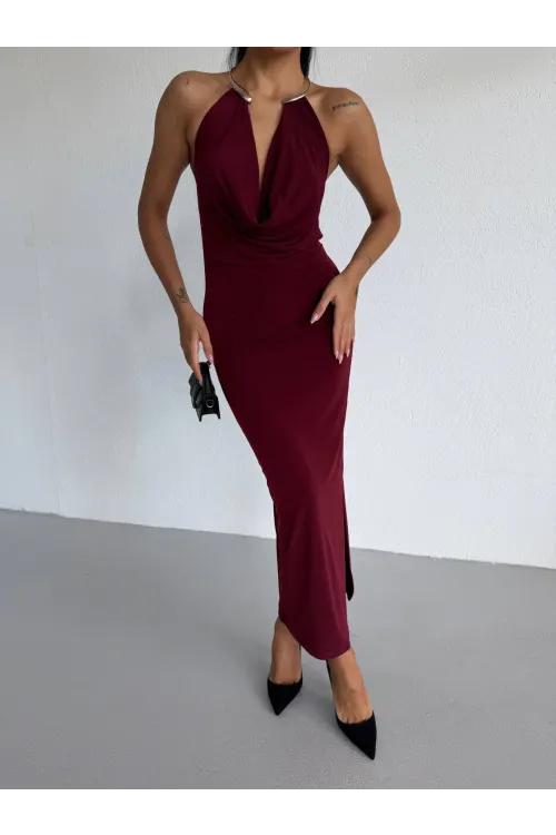 Kadın Bordo Boyundan Aksesuarlı Yandan Yırtmaçlı Midi Boy Sandy Elbise HZL26S-FRY123841
