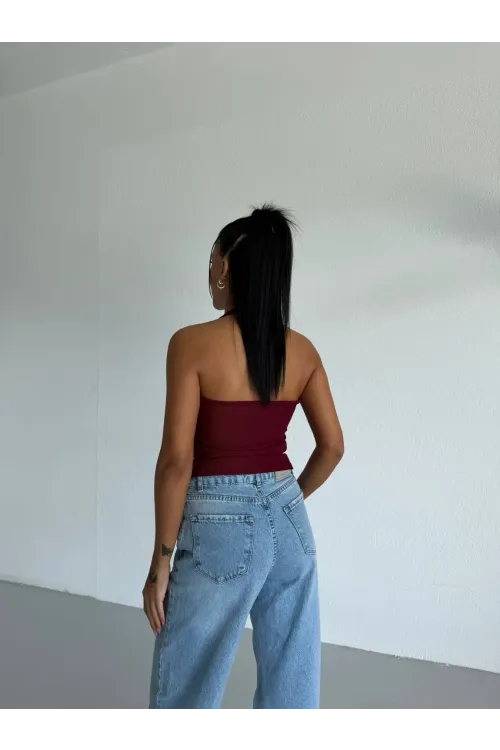 Kadın Bordo Ottoman Kumaş Halter Yaka Toka Detay Bluz HZL26W-FRY123321