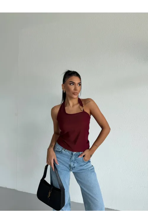 Kadın Bordo Ottoman Kumaş Halter Yaka Toka Detay Bluz HZL26W-FRY123321