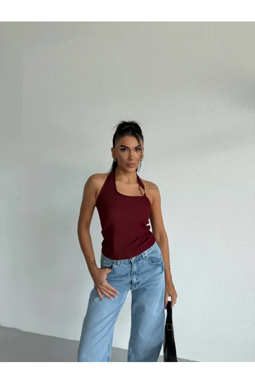 Kadın Bordo Ottoman Kumaş Halter Yaka Toka Detay Bluz HZL26W-FRY123321