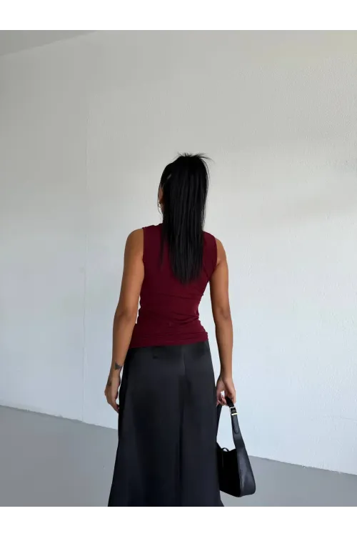 Kadın Bordo Tül Detay Degaje Yaka Yanlardan Drapeli Sandy Bluz HZL26S-FRY123791