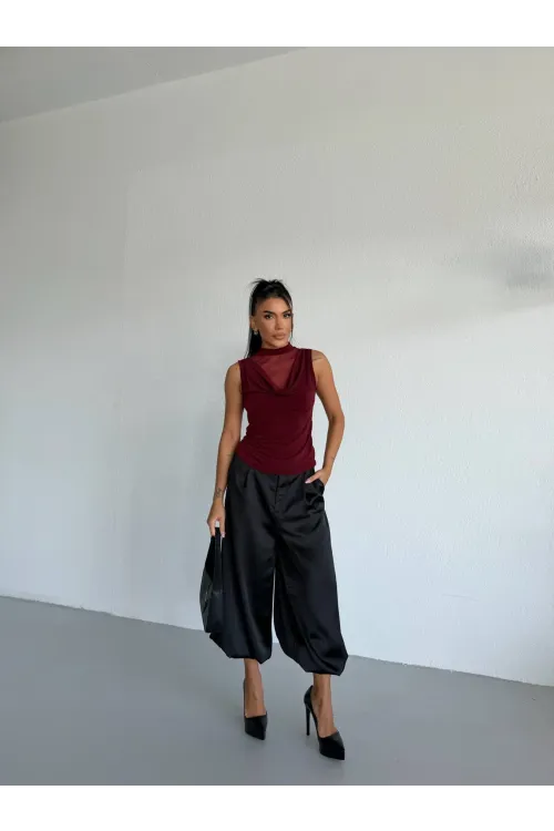 Kadın Bordo Tül Detay Degaje Yaka Yanlardan Drapeli Sandy Bluz HZL26S-FRY123791