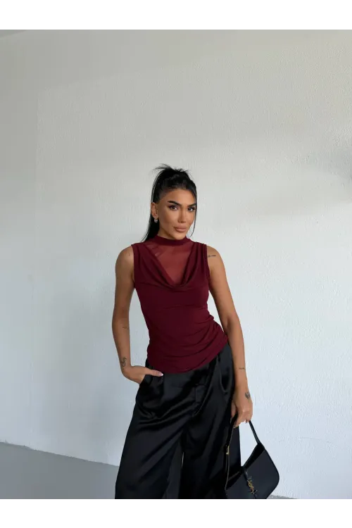 Kadın Bordo Tül Detay Degaje Yaka Yanlardan Drapeli Sandy Bluz HZL26S-FRY123791