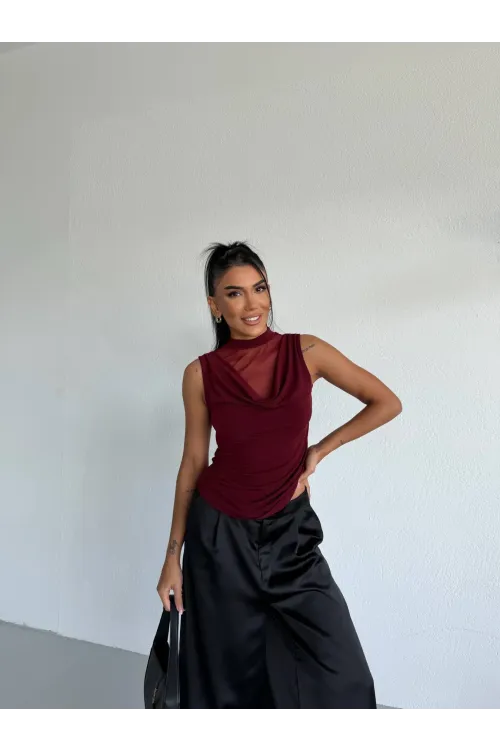 Kadın Bordo Tül Detay Degaje Yaka Yanlardan Drapeli Sandy Bluz HZL26S-FRY123791