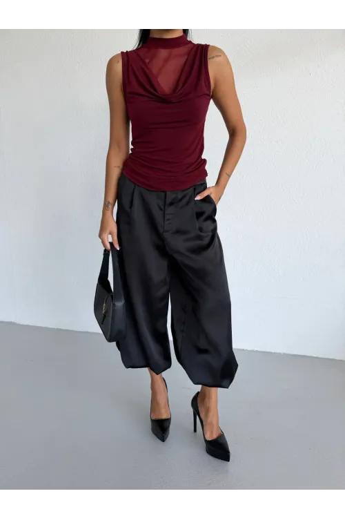 Kadın Bordo Tül Detay Degaje Yaka Yanlardan Drapeli Sandy Bluz HZL26S-FRY123791