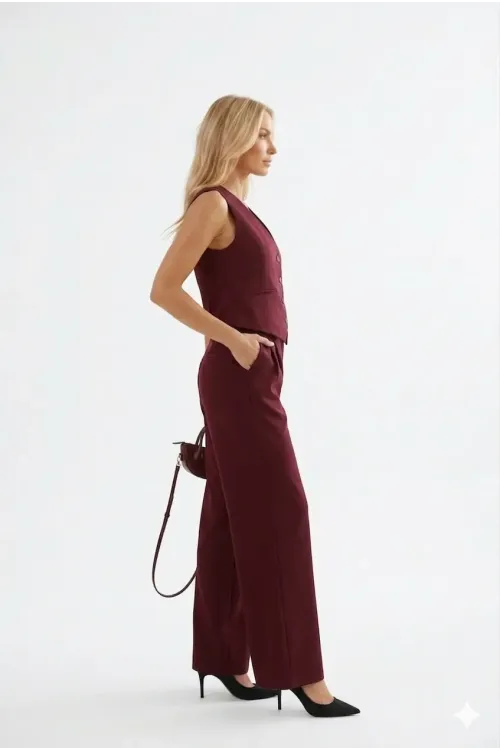 Kadın Bordo Yelek Pantolon Takım HZL25S-BD167091