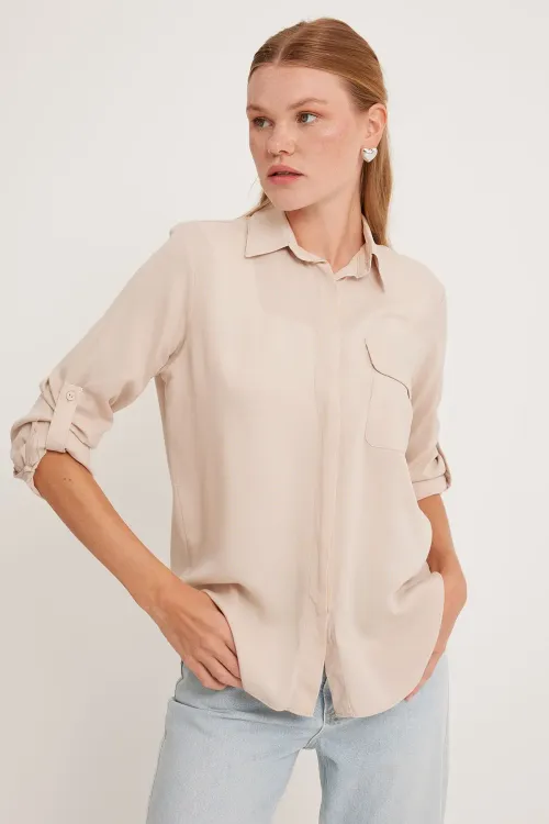Kadın Cep Detaylı Gömlek 20234 - Krem
