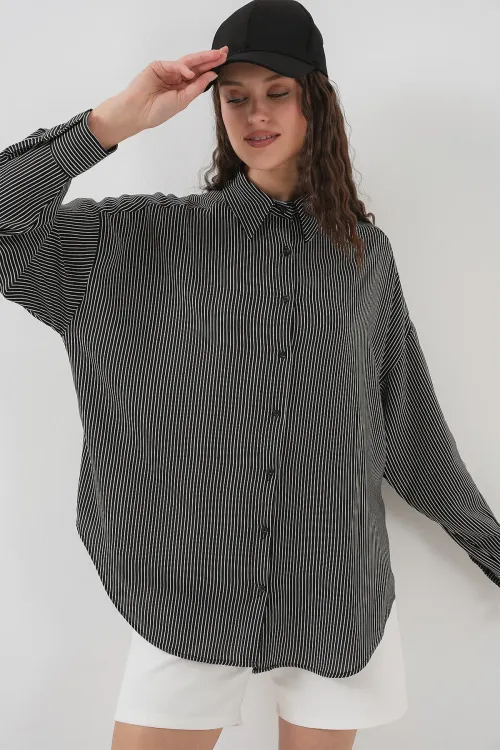 Kadın Çizgili Oversize Gömlek 20295 - Siyah