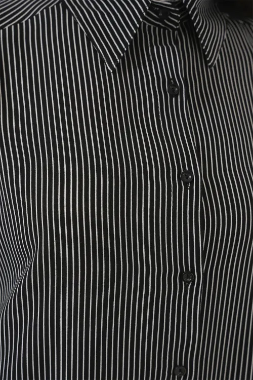 Kadın Çizgili Oversize Gömlek 20295 - Siyah