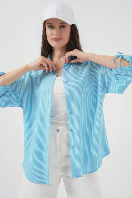 Kadın Çizgili Oversize Kısa Kol Gömlek 20296 - Mavi