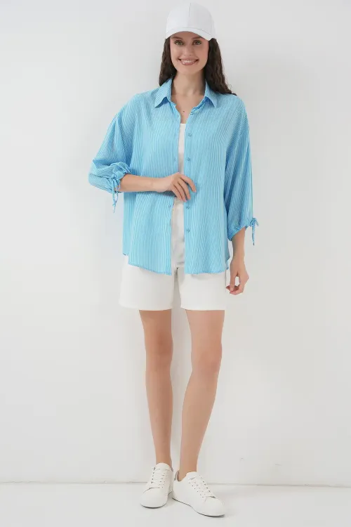 Kadın Çizgili Oversize Kısa Kol Gömlek 20296 - Mavi