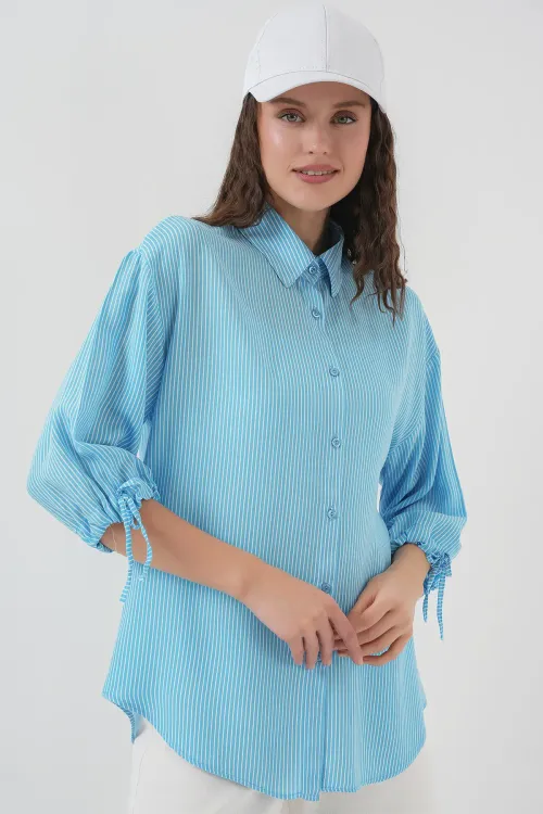 Kadın Çizgili Oversize Kısa Kol Gömlek 20296 - Mavi