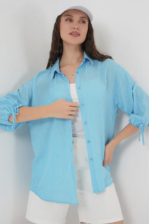 Kadın Çizgili Oversize Kısa Kol Gömlek 20296 - Mavi