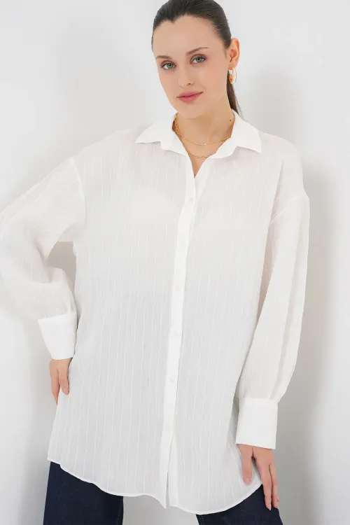Kadın Çizgili Uzun Gömlek Tunik 5963 - Beyaz