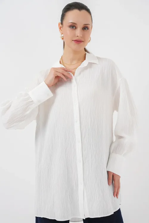Kadın Çizgili Uzun Gömlek Tunik 5963 - Beyaz