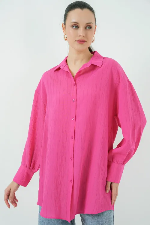Kadın Çizgili Uzun Gömlek Tunik 5963 - Fuşya