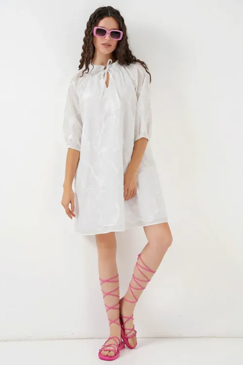 Kadın Desenli Kısa Elbise 2528 - Beyaz