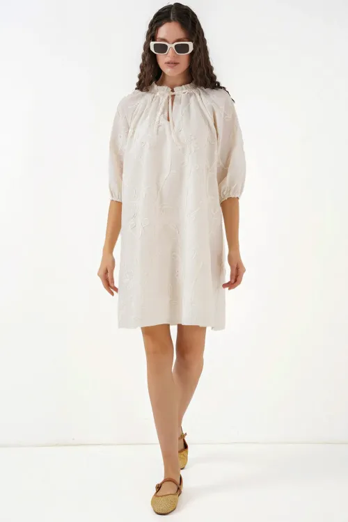 Kadın Desenli Kısa Elbise 2528 - Krem