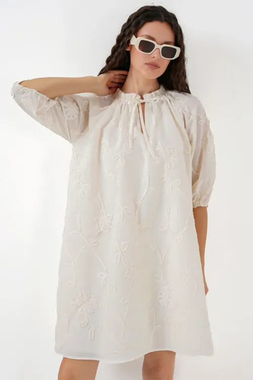 Kadın Desenli Kısa Elbise 2528 - Krem