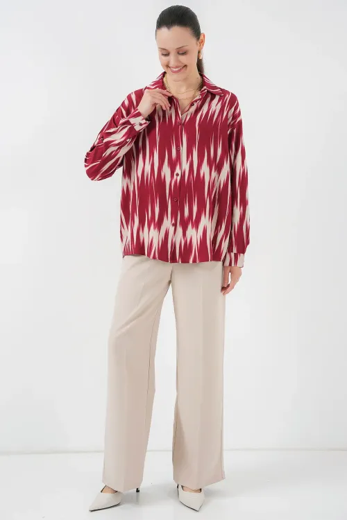 Kadın Desenli Oversize Gömlek 20301 - Kırmızı