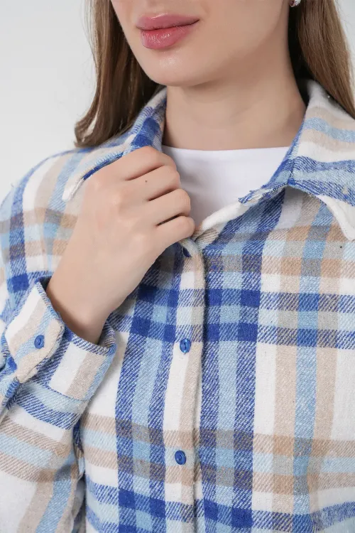 Kadın Ekose Desen Oversize Oduncu Gömlek 3854 A.Ekru