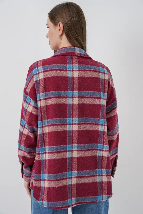Kadın Ekose Desen Oversize Oduncu Gömlek 3854 A.Kiremit
