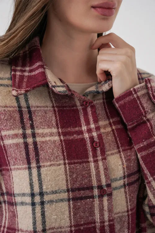 Kadın Ekose Desen Oversize Oduncu Gömlek 3854 Bordo