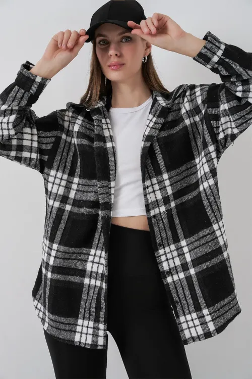 Kadın Ekose Desen Oversize Oduncu Gömlek 3854 D. Siyah