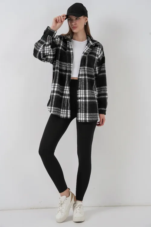 Kadın Ekose Desen Oversize Oduncu Gömlek 3854 D. Siyah