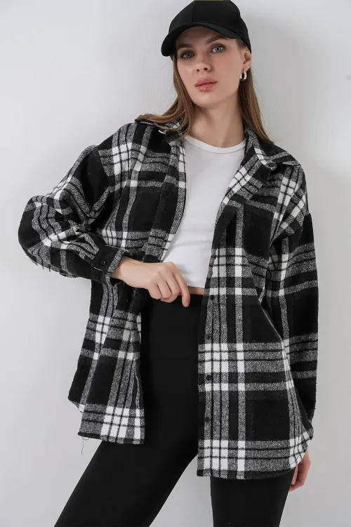 Kadın Ekose Desen Oversize Oduncu Gömlek 3854 D. Siyah