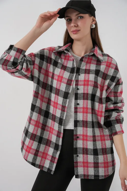 Kadın Ekose Desen Oversize Oduncu Gömlek 3854 Nar