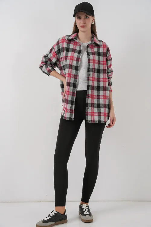Kadın Ekose Desen Oversize Oduncu Gömlek 3854 Nar