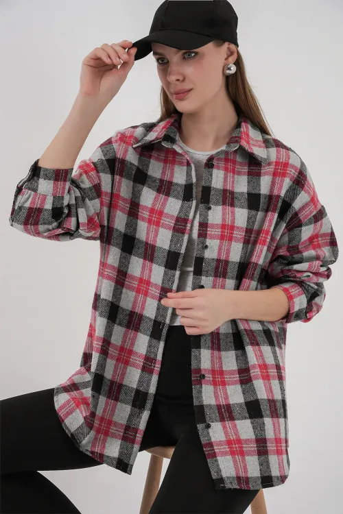 Kadın Ekose Desen Oversize Oduncu Gömlek 3854 Nar
