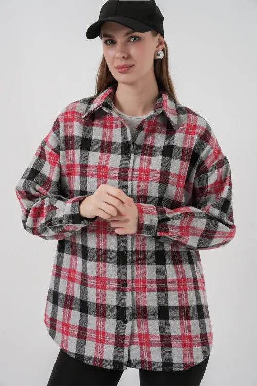 Kadın Ekose Desen Oversize Oduncu Gömlek 3854 Nar