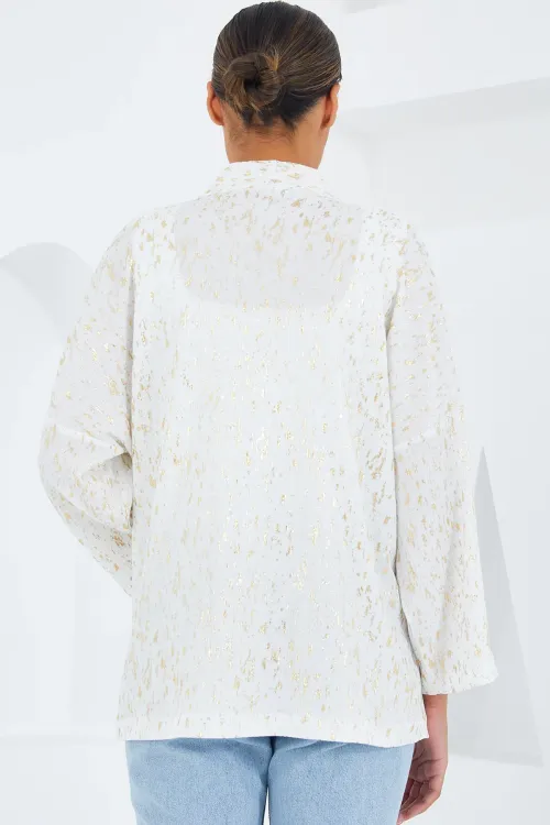 Kadın Ekru Varaklı Örme Kimono 5925