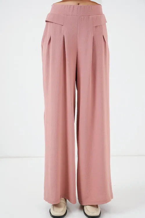 Kadın Geniş Paça Pileli Pantolon 6718 - Gül Kurusu