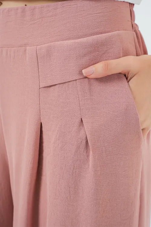 Kadın Geniş Paça Pileli Pantolon 6718 - Gül Kurusu