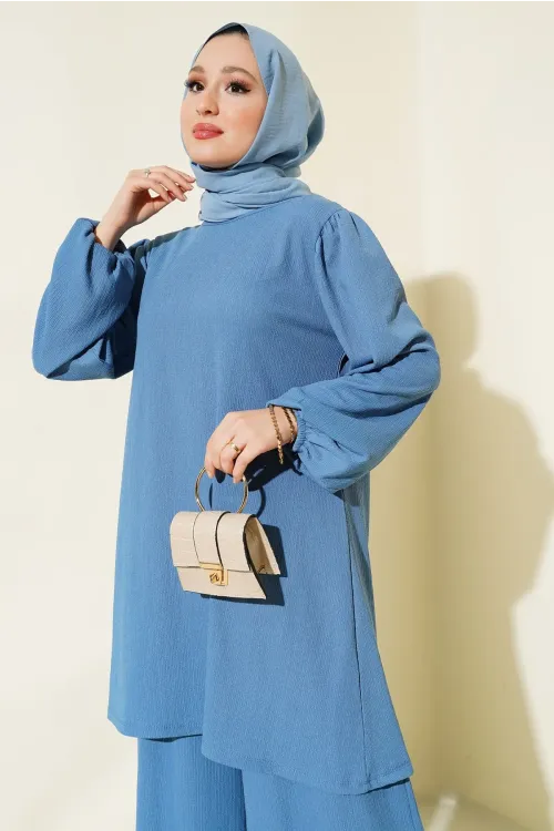 Kadın İndigo Tunik Pantolon Alt Üst Takım 6663