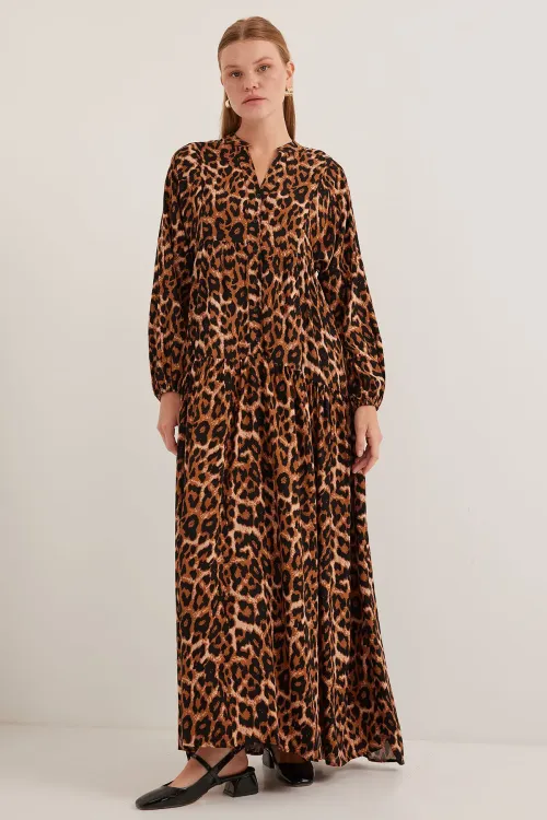 Kadın Kahverengi Bej Viskon Tesettür Elbise 2423