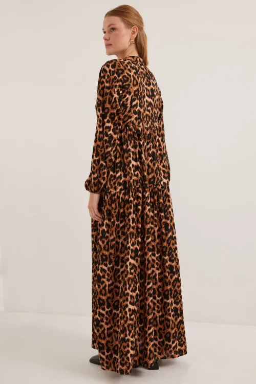 Kadın Kahverengi Bej Viskon Tesettür Elbise 2423