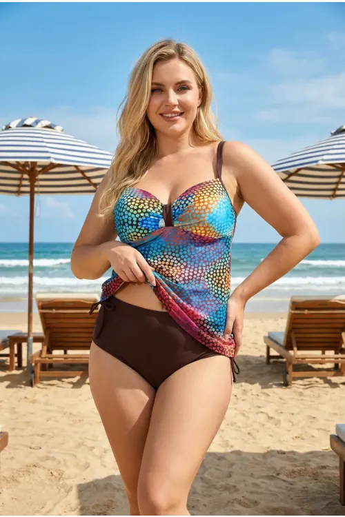 Kadın Kahverengi Çok Renki Puantiye Desenli Elbise Model Büyük Beden Slipli Tankini HZL26S-LC9025