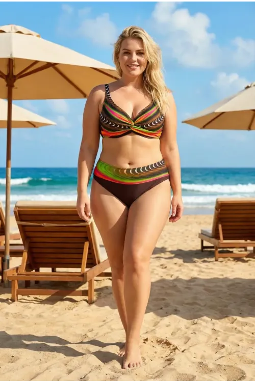 Kadın Kahverengi Desenli Yüksel Bel Astarlı Büyük Beden Bikini Takımı HZL25S-LC22315-5