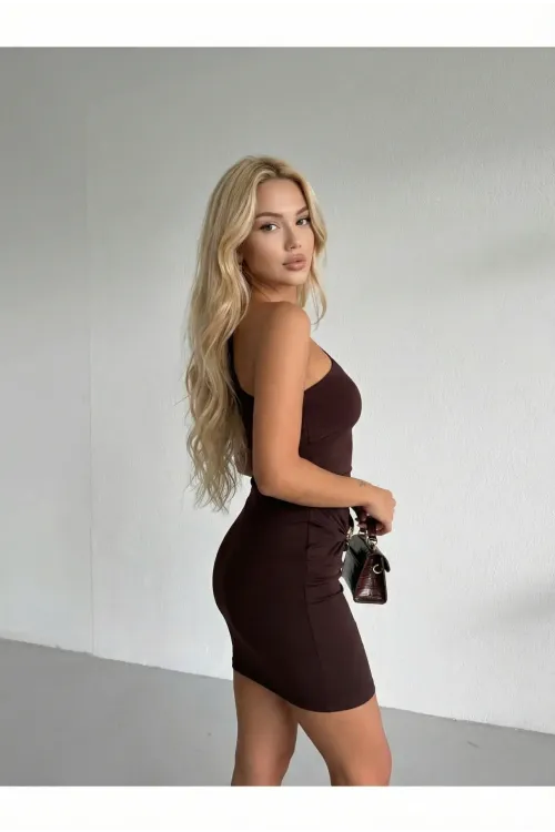 Kadın Kahverengi Tek Omuz Gold Aksesuarlı Sandy Mini Elbise HZL26W-FRY123781