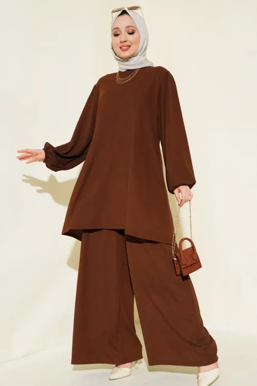 Kadın Kahverengi Tunik Pantolon Alt Üst Takım 6663