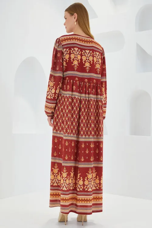 Kadın Kiremit Bej Desenli Uzun Viskon Elbise 1947