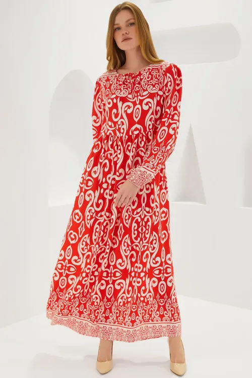 Kadın Kırmızı Desenli Uzun Viskon Elbise 1947